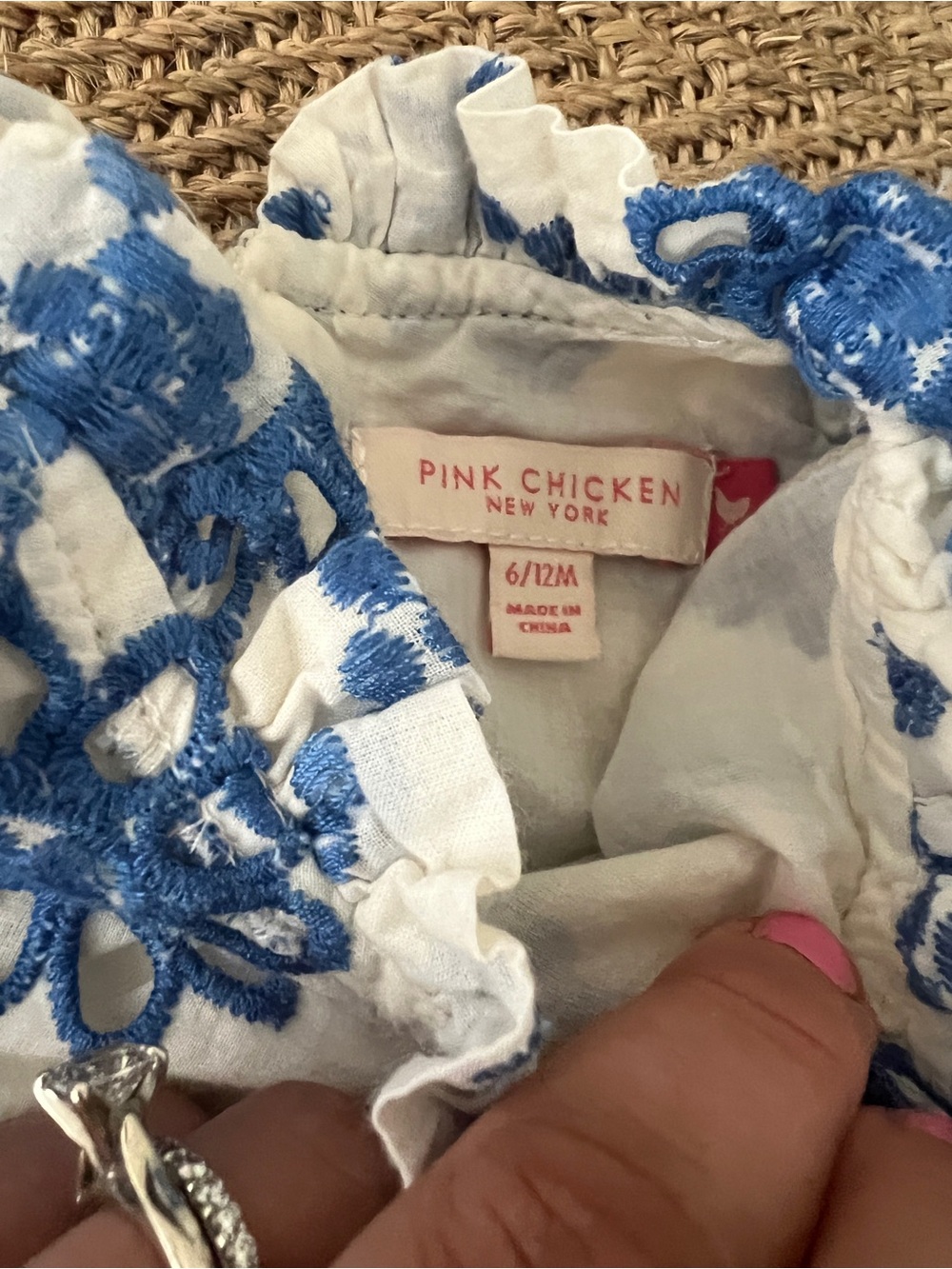 Pink Chicken White Dress with Blue Floral Embroidery - Picture 6 of 7